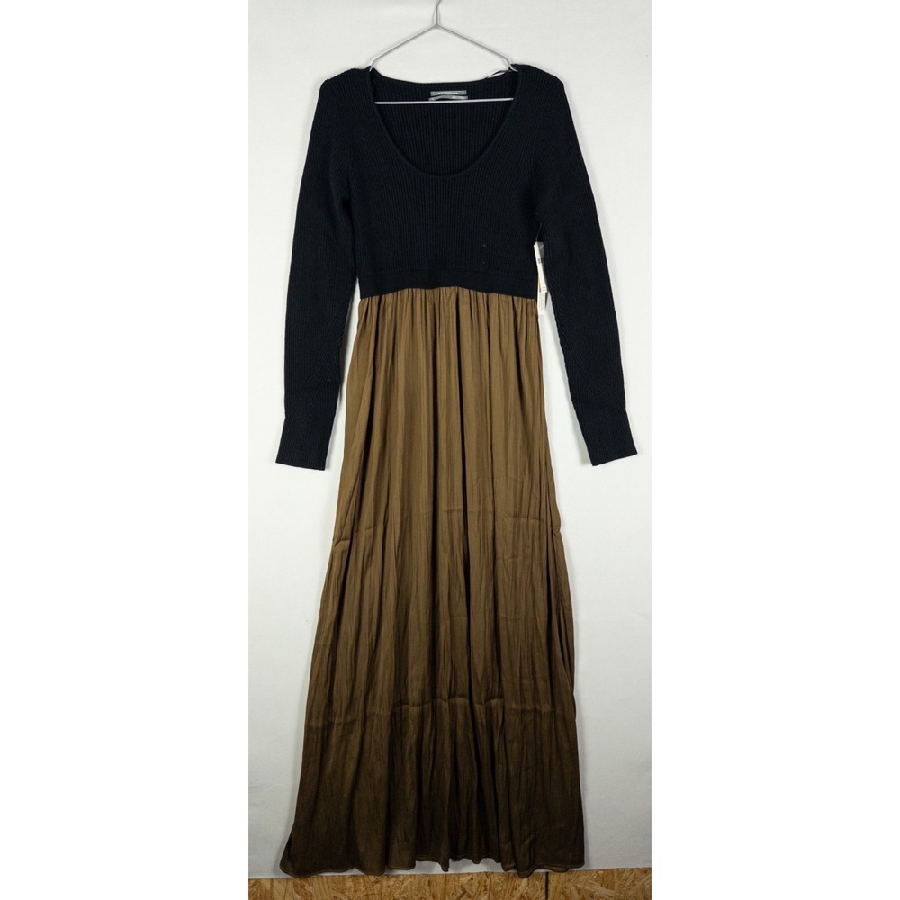 Anthropologie Maxi Dress Womens Medium Black Olive Ribbed Knit Bodice NWT
